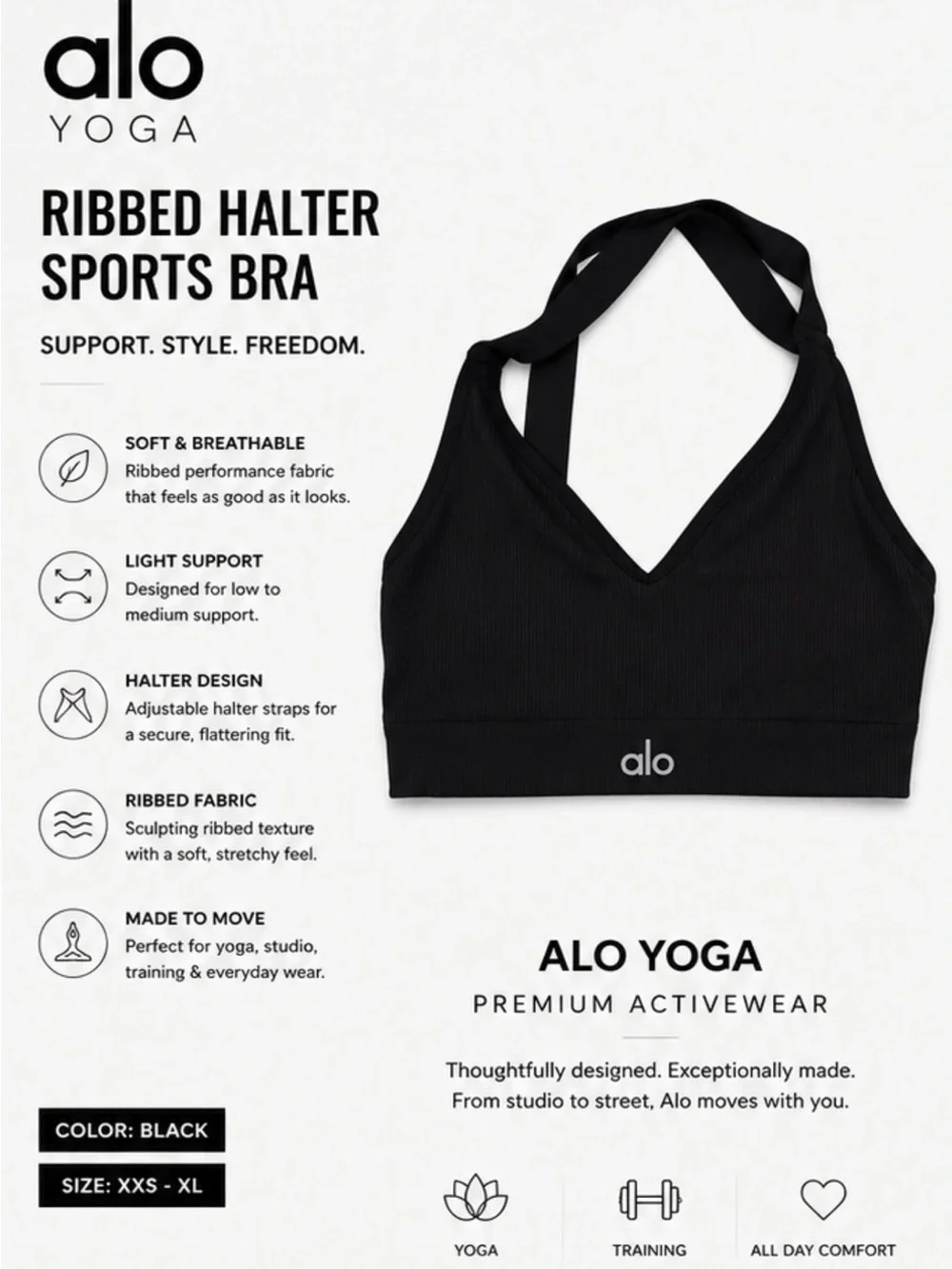 ALO Yoga Ribbed Halter Sports Bra - Black